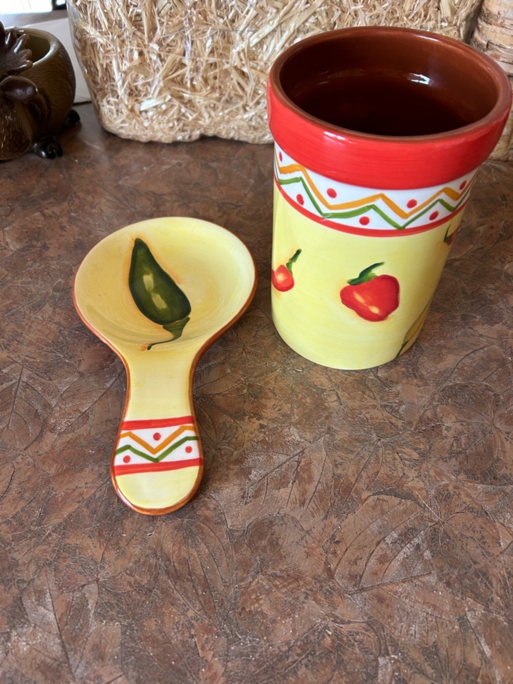 Vintage Clay Art Handpainted Ceramic Chili Pepper Utensil Holder and Spoon Rest